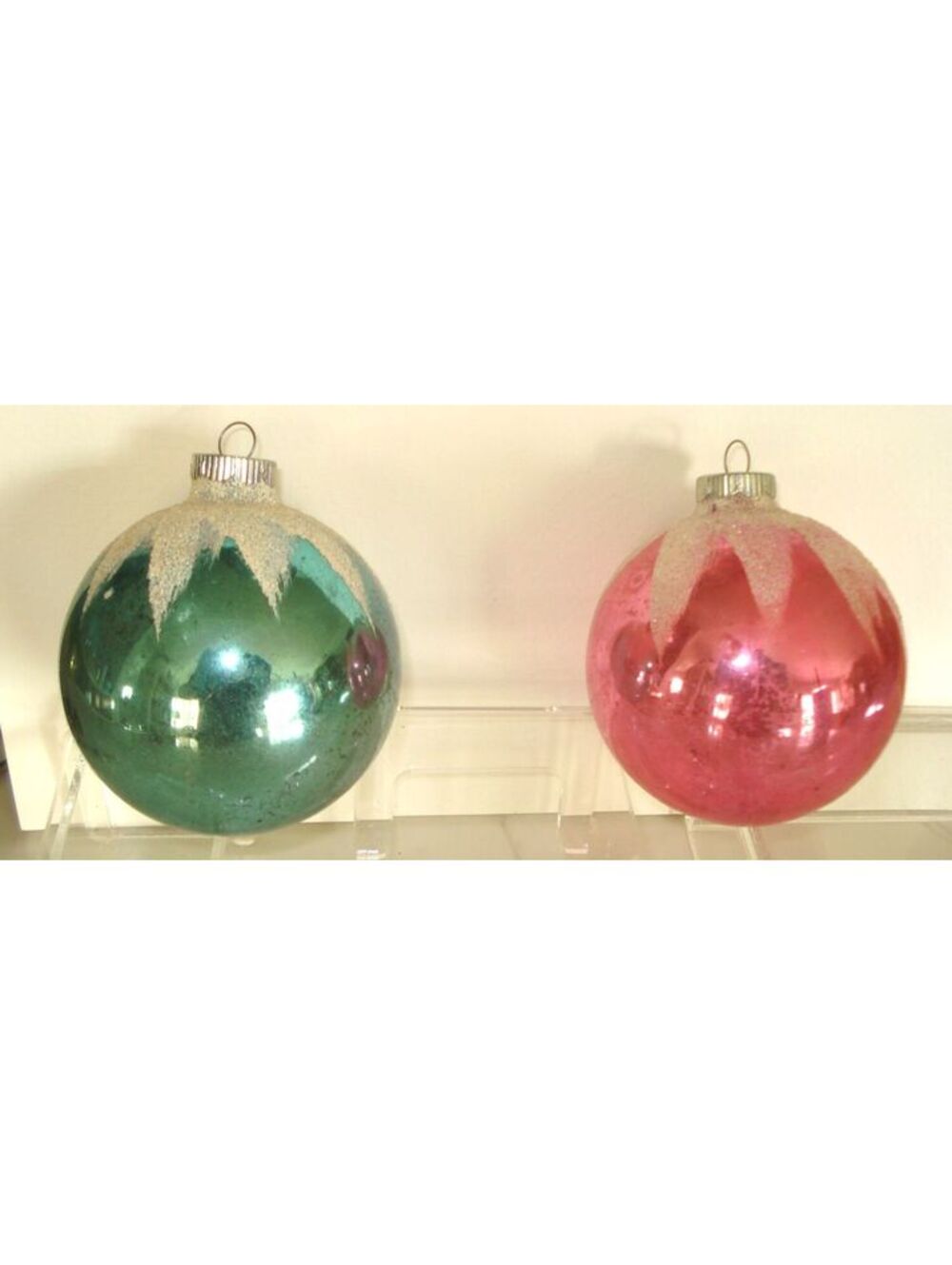 2 VTG Shiny Brite Pink & Blue Mica Snow Cap Mercury Glass Christmas Ornaments